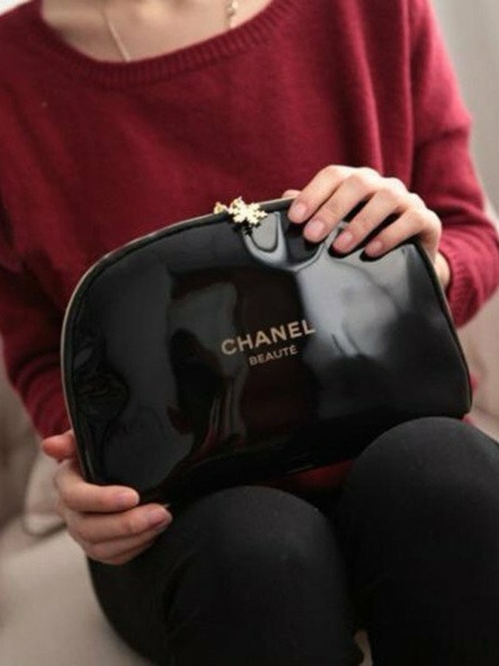 CHANEL Black Patent Beauté Cosmetic Pouch with Gold Hardware